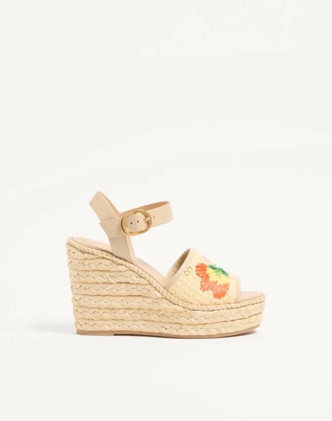 Bribri Raffia Wedge Sandal with Floral Embroidery 115mm