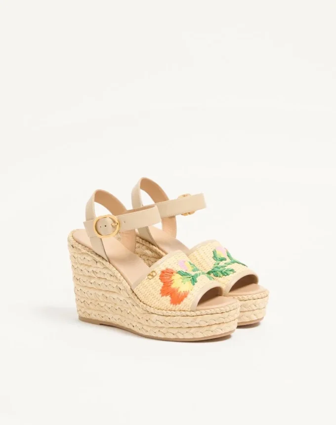 Bribri Raffia Wedge Sandal with Floral Embroidery 115mm