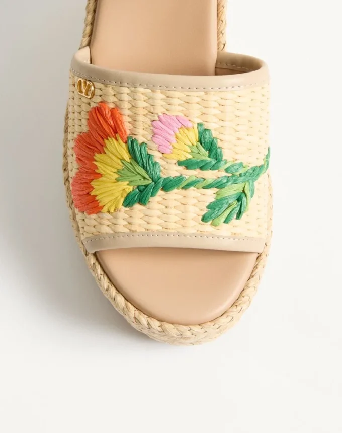 Bribri Raffia Wedge Sandal with Floral Embroidery 115mm