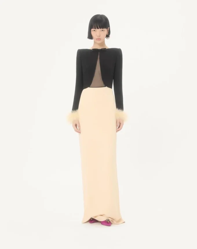 Cady Couture Long Dress with Feathers