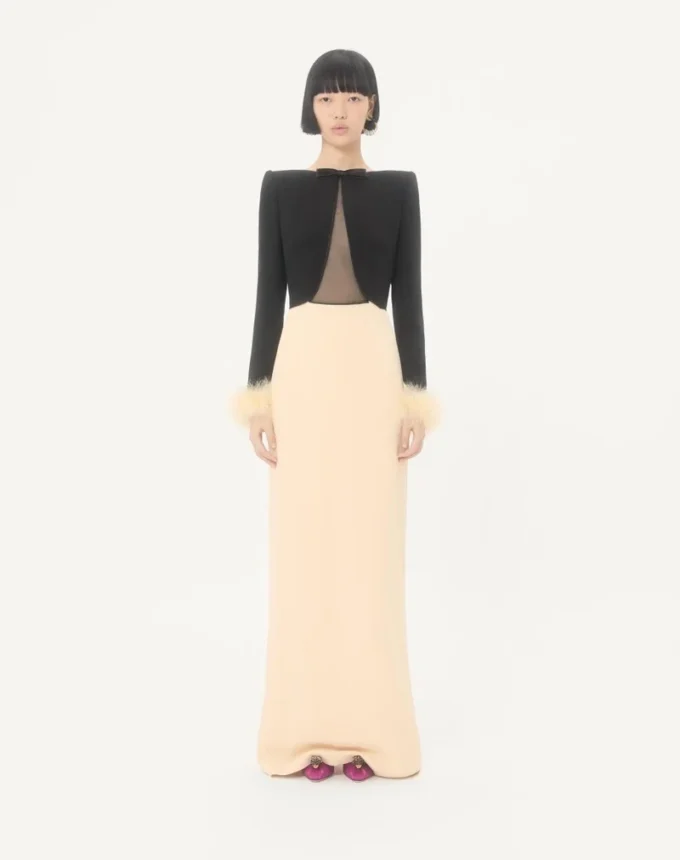 Cady Couture Long Dress with Feathers