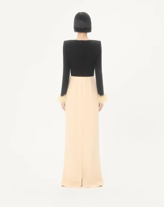 Cady Couture Long Dress with Feathers