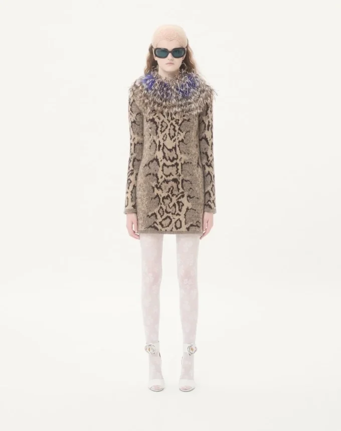 Cashmere Dress With Animal Print And Feathers Cashmere Dress With Animal Print And Feathers