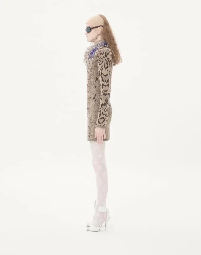 Cashmere Dress With Animal Print And Feathers Cashmere Dress With Animal Print And Feathers