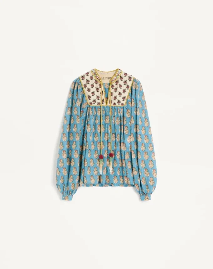 Cotton And Lurex Top With Embroidered Petales D’Amour Print
