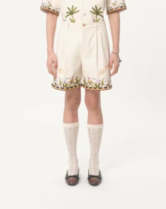 Cotton Canvas Bermuda Shorts With Floral Embroidery And Jacquard Trimmings