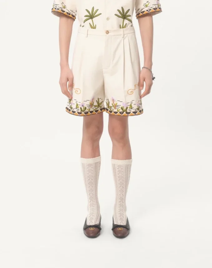 Cotton Canvas Bermuda Shorts With Floral Embroidery And Jacquard Trimmings