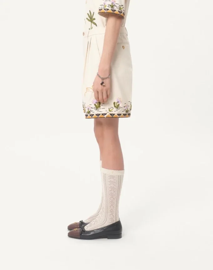 Cotton Canvas Bermuda Shorts With Floral Embroidery And Jacquard Trimmings