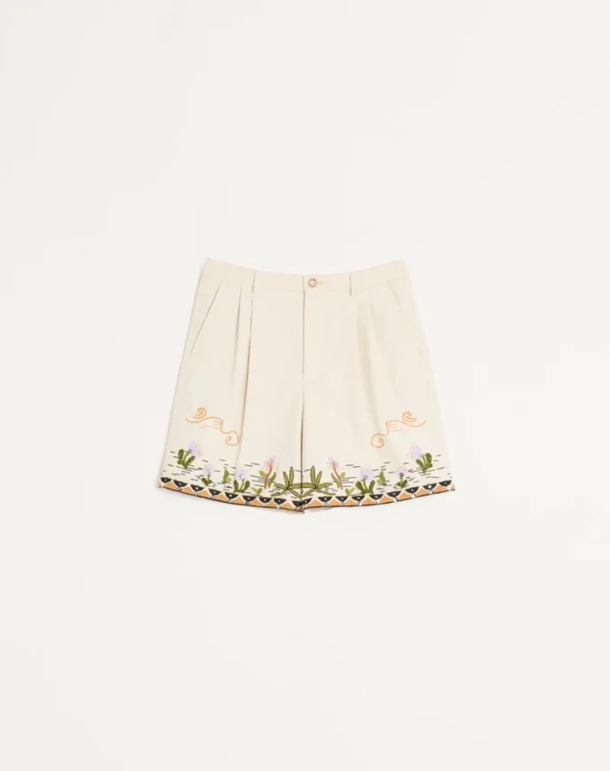 Cotton Canvas Bermuda Shorts With Floral Embroidery And Jacquard Trimmings