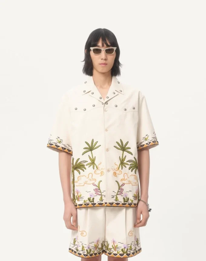 Cotton Canvas Shirt With Floral Embroidery