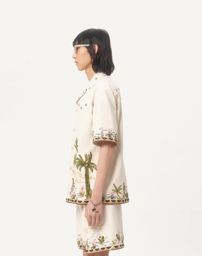 Cotton Canvas Shirt With Floral Embroidery