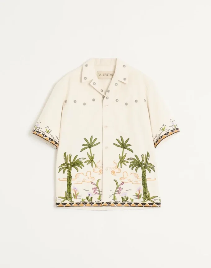Cotton Canvas Shirt With Floral Embroidery
