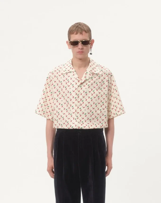 Cotton Poplin Bowling Shirt With Cherryfic Print