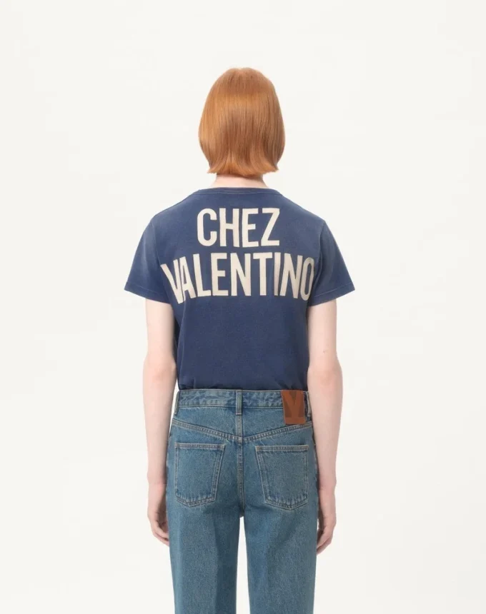 Cotton T-Shirt With Chez Valentino Print And Patch
