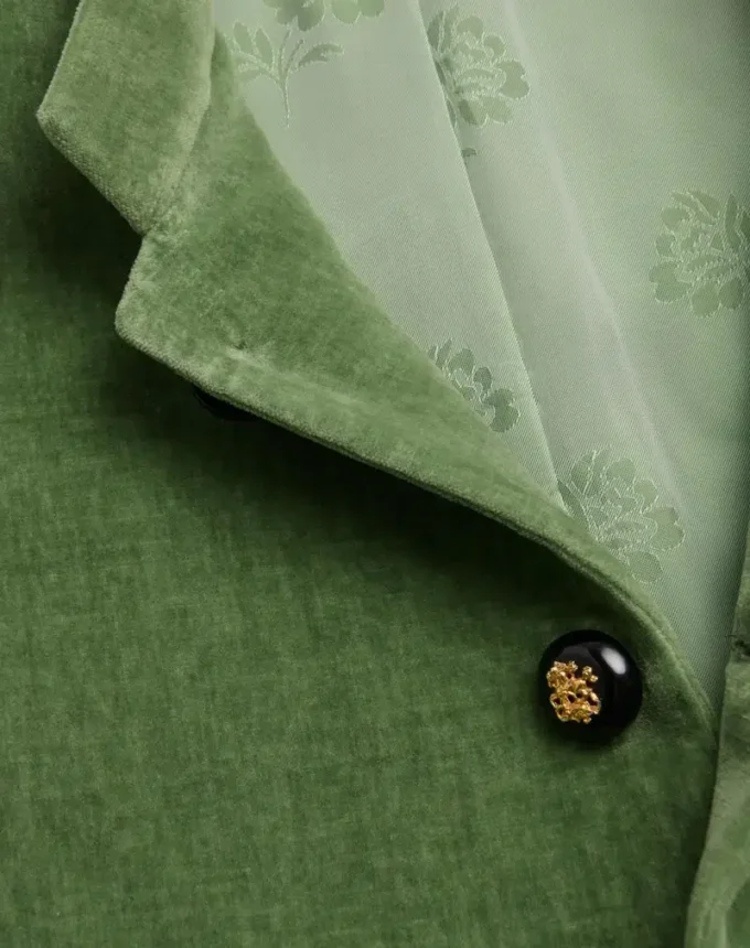 Cotton Velvet And Washed Linen Jacket With Mandarin Collar