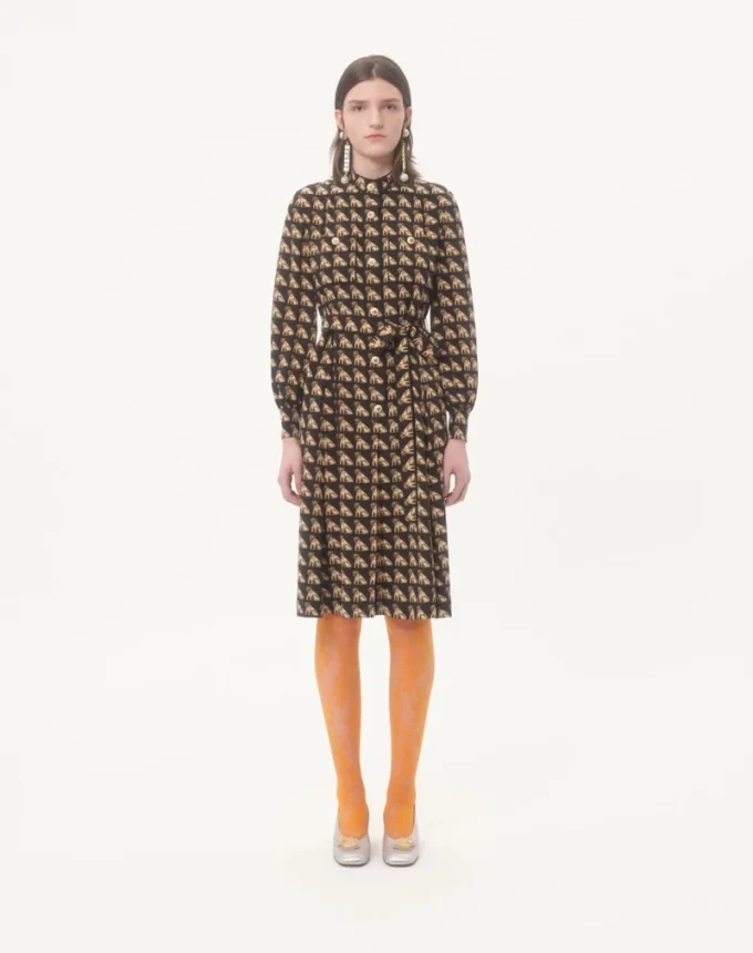 Crepe De Chine Midi Dress With Petit Charles Print Crepe De Chine Midi Dress With Petit Charles Print