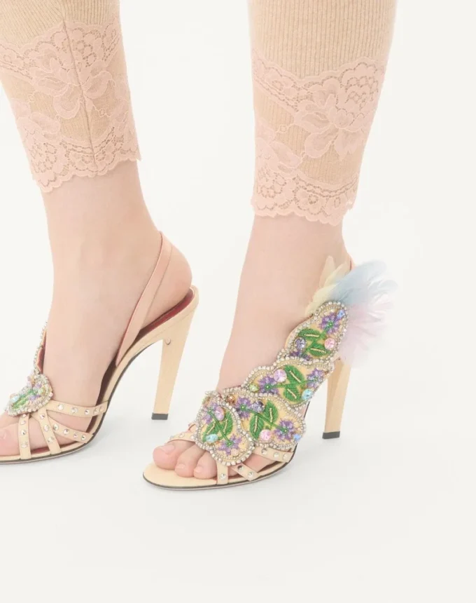 Dans Le Foyer Sandal In Moiré Fabric With Floral Embroidery And Feathers 105Mm Dans Le Foyer Sandal In Moiré Fabric With Floral Embroidery And Feathers 105Mm
