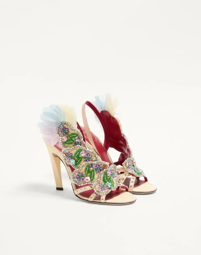 Dans Le Foyer Sandal In Moiré Fabric With Floral Embroidery And Feathers 105Mm Dans Le Foyer Sandal In Moiré Fabric With Floral Embroidery And Feathers 105Mm