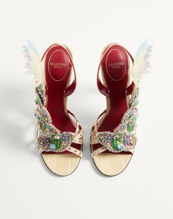 Dans Le Foyer Sandal In Moiré Fabric With Floral Embroidery And Feathers 105Mm Dans Le Foyer Sandal In Moiré Fabric With Floral Embroidery And Feathers 105Mm