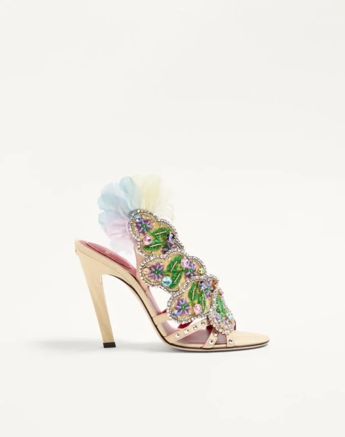 Dans Le Foyer Sandal In Moiré Fabric With Floral Embroidery And Feathers 105Mm Dans Le Foyer Sandal In Moiré Fabric With Floral Embroidery And Feathers 105Mm