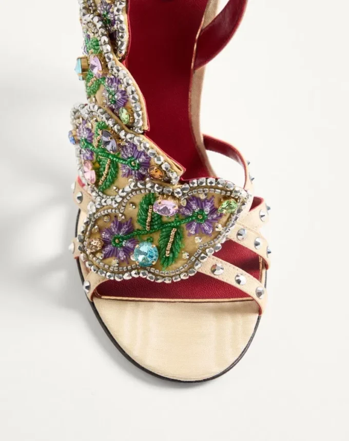 Dans Le Foyer Sandal In Moiré Fabric With Floral Embroidery And Feathers 105Mm Dans Le Foyer Sandal In Moiré Fabric With Floral Embroidery And Feathers 105Mm