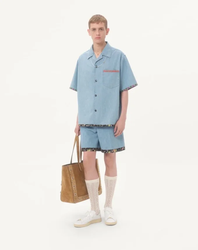 Denim Bermuda Shorts With Floral Print Hem