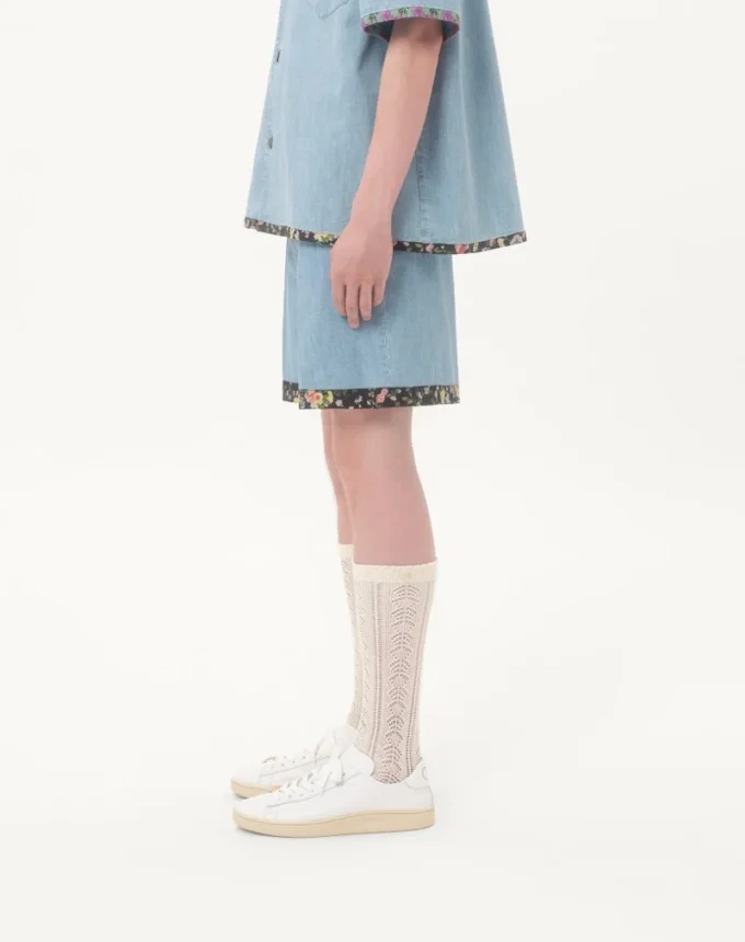 Denim Bermuda Shorts With Floral Print Hem