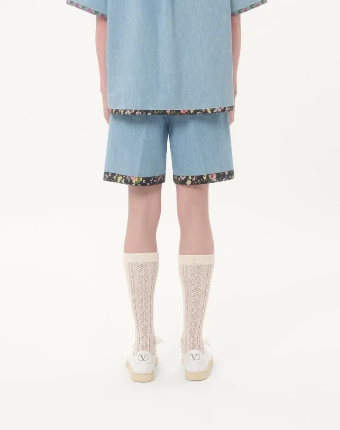 Denim Bermuda Shorts With Floral Print Hem