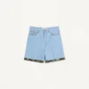Denim Bermuda Shorts With Floral Print Hem