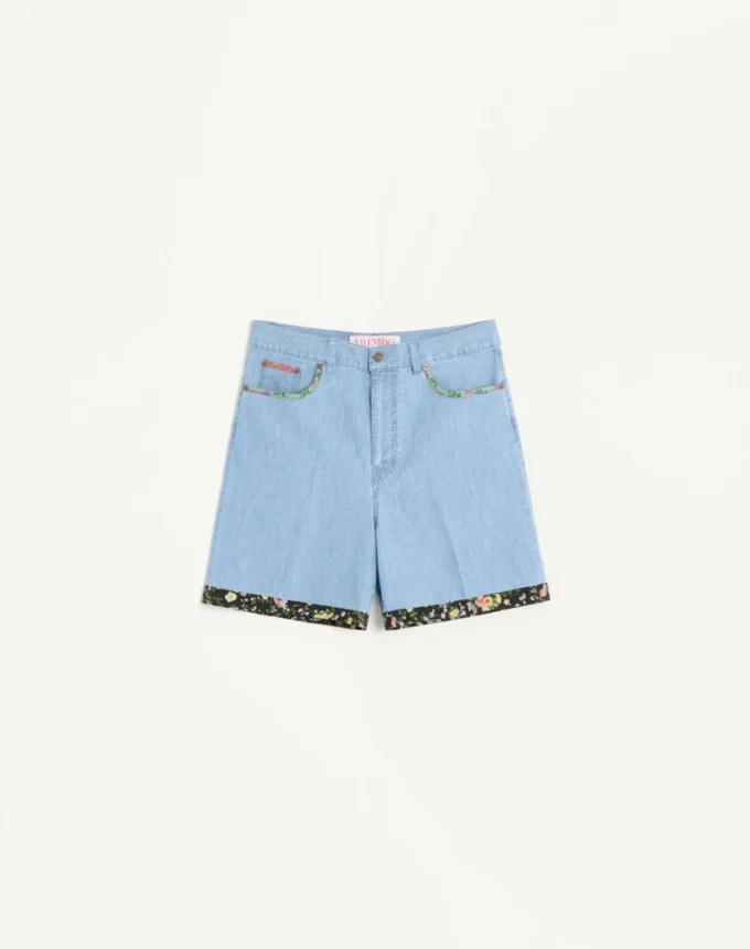 Denim Bermuda Shorts With Floral Print Hem