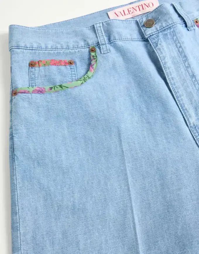 Denim Bermuda Shorts With Floral Print Hem