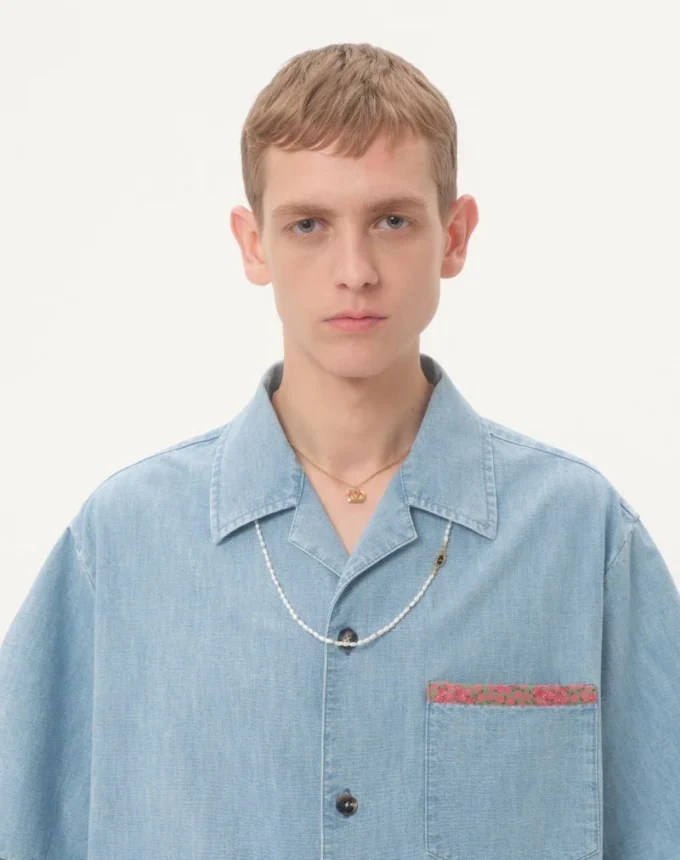 Denim Bowling Shirt With Floral Print Trim Denim Bowling Shirt With Floral Print Trim