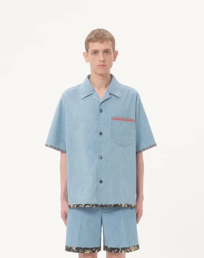 Denim Bowling Shirt With Floral Print Trim Denim Bowling Shirt With Floral Print Trim