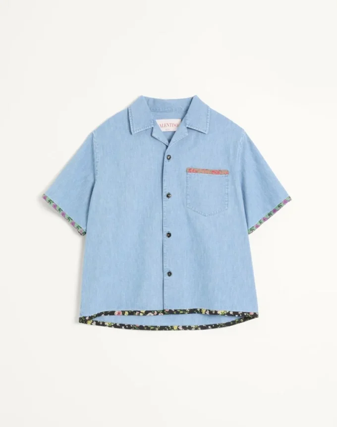 Denim Bowling Shirt With Floral Print Trim Denim Bowling Shirt With Floral Print Trim