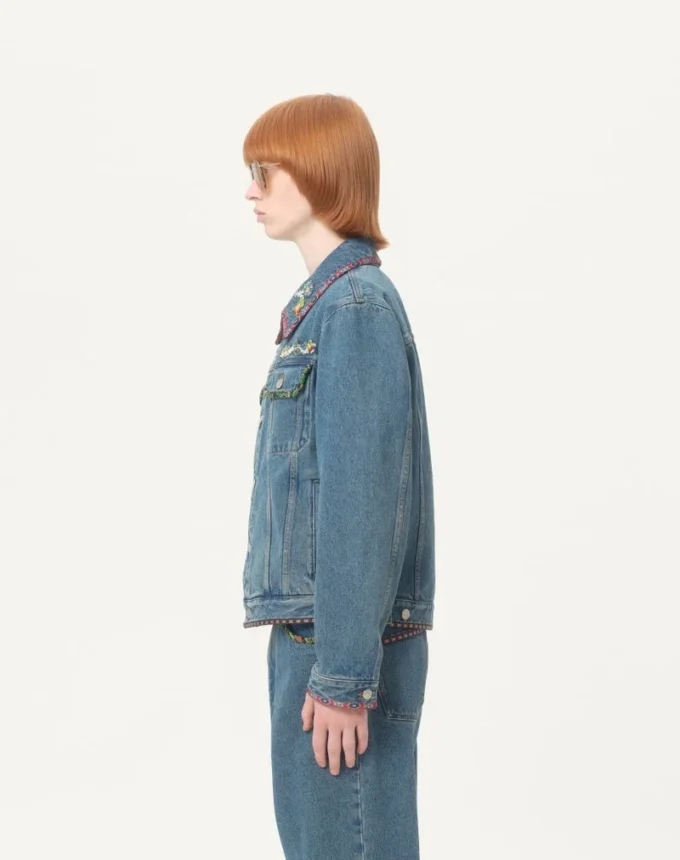 Denim Jacket With Beaded Embroidery And Printed Edges