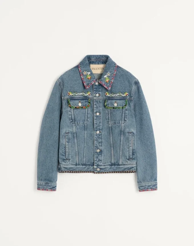 Denim Jacket With Beaded Embroidery And Printed Edges