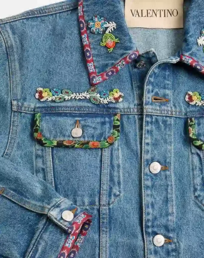 Denim Jacket With Beaded Embroidery And Printed Edges