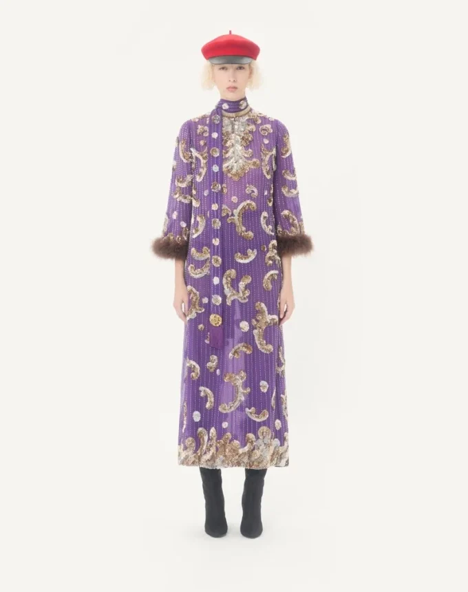 Embroidered Chiffon dress with feathers