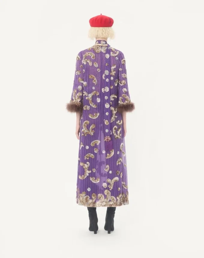 Embroidered Chiffon dress with feathers