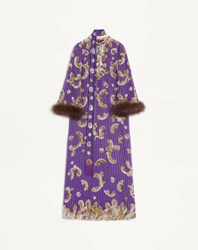 Embroidered Chiffon dress with feathers