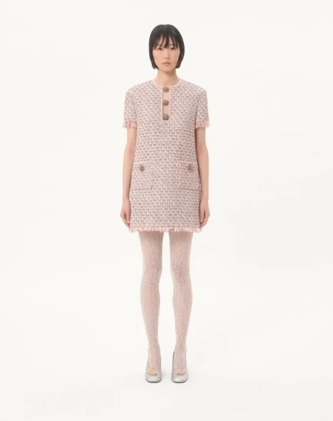 Embroidered Ribbon Tweed Short Dress Embroidered Ribbon Tweed Short Dress