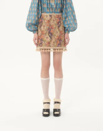 Embroidered Skirt On Piquet With Paisley Voyage Imaginaire Print