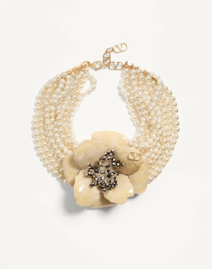 Fleur Lumineuse Necklace In Metal, Enamel, Pearls And Fabric Fleur Lumineuse Necklace In Metal, Enamel, Pearls And Fabric