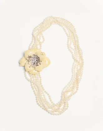 Fleur Lumineuse Necklace In Metal, Enamel, Pearls And Fabric