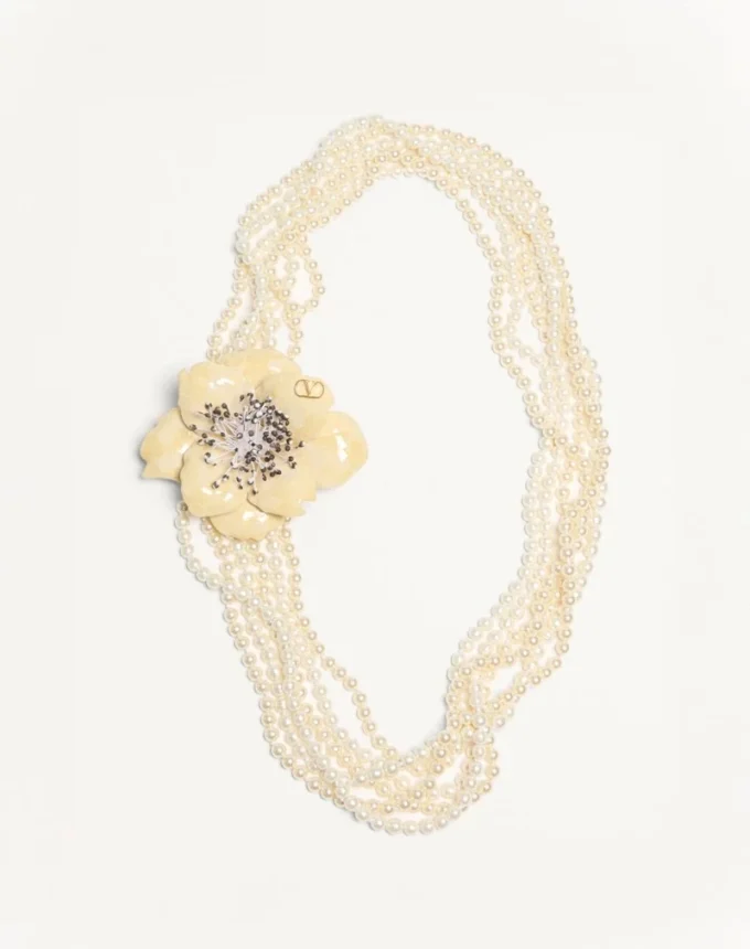 Fleur Lumineuse Necklace In Metal, Enamel, Pearls And Fabric