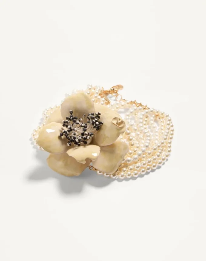 Fleur Lumineuse Necklace In Metal, Enamel, Pearls And Fabric Fleur Lumineuse Necklace In Metal, Enamel, Pearls And Fabric