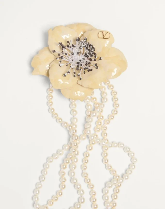 Valentino Garavani Fleur Lumineuse Necklace In Metal, Enamel, Pearls And Fabric