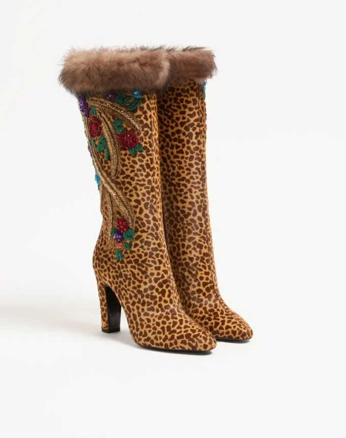 Hotty Boot In Pony-Effect Calfskin With Floral Embroidery And Fur 100mm