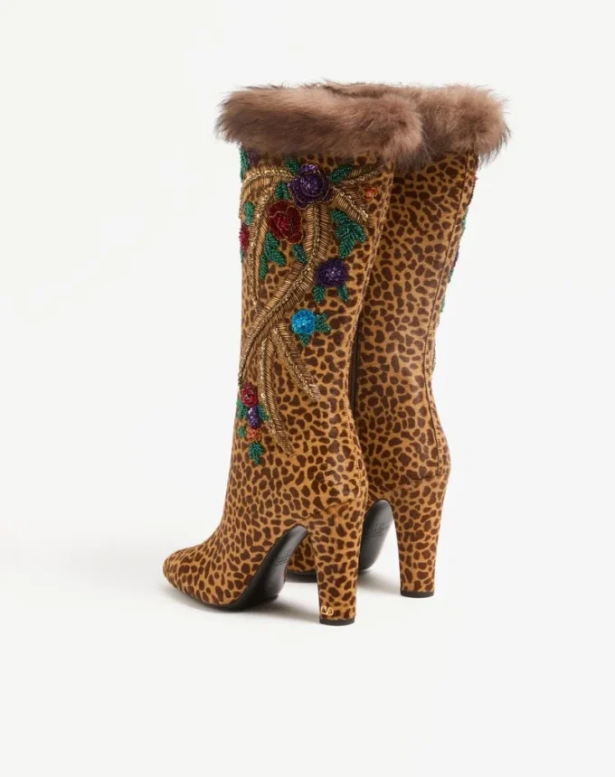 Hotty Boot In Pony-Effect Calfskin With Floral Embroidery And Fur 100mm