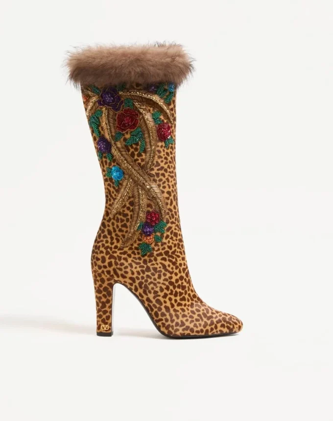 Hotty Boot In Pony-Effect Calfskin With Floral Embroidery And Fur 100mm